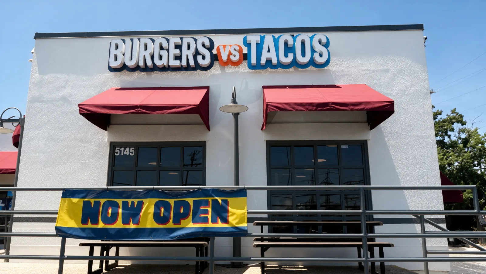 Restaurant main entrance with the Now Open banner and benches outside