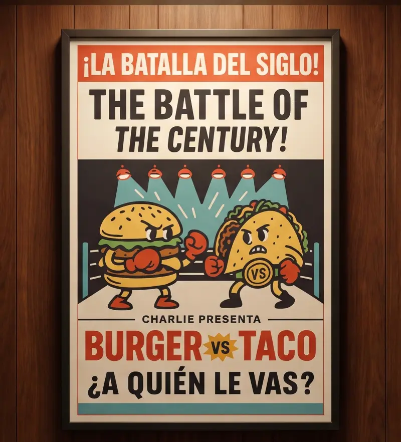 Poster of a burger and a taco boxing each other
