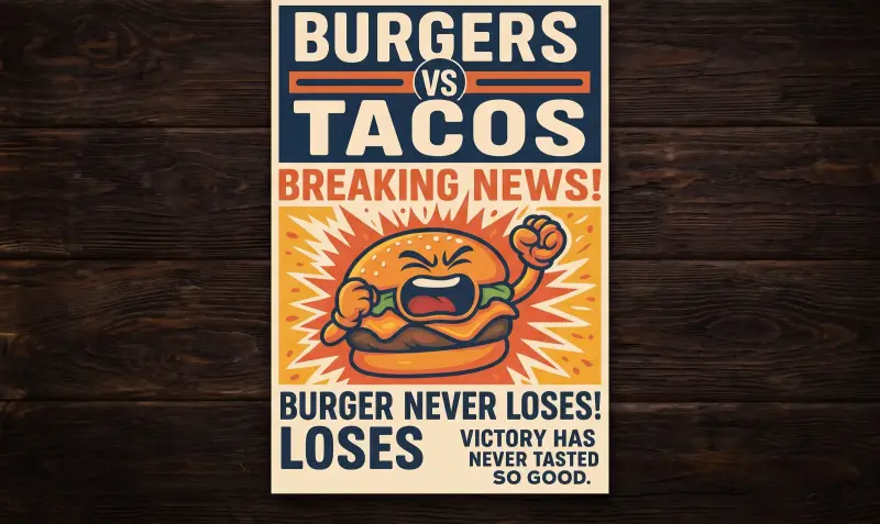 Press-style poster with an angry burger
