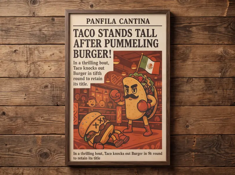 Newspaper-style poster where the taco beats the burger