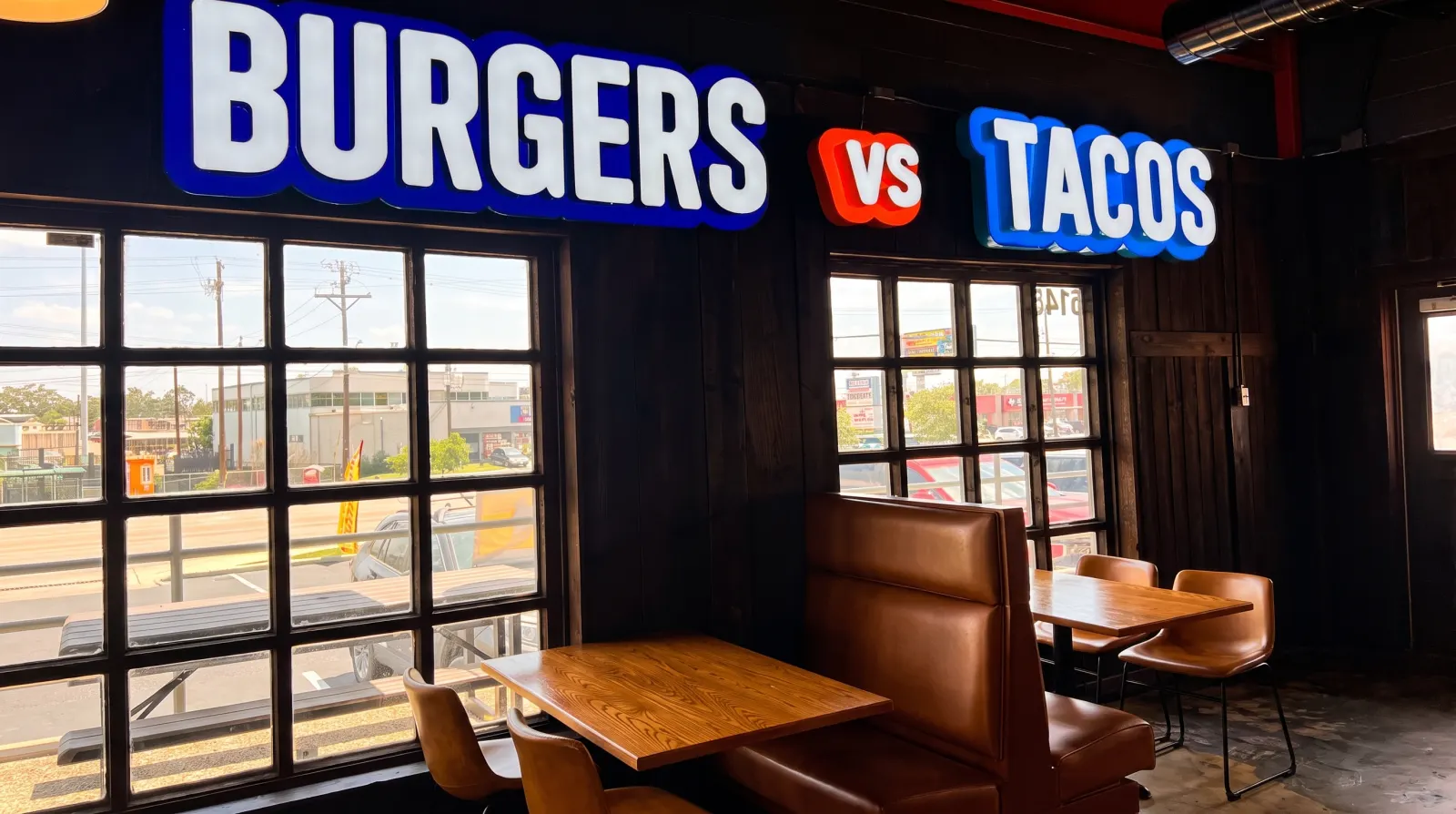 Burgers vs Tacos neon sign above the dining room tables